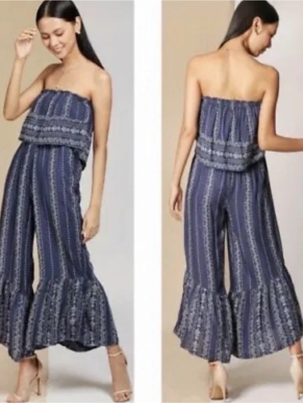 Japna Navy and White Strapless Printed Ruffle-Hem Jumpsuit